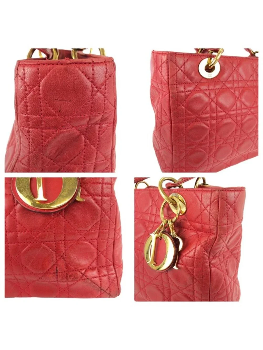 Dior Vintage Lady Cannage Red Gold Leather Handbag